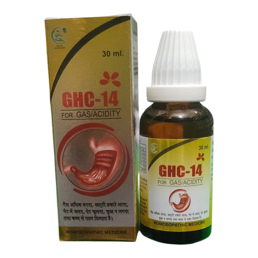 A 30 ml bottle of GHC-14 homeopathic medicine for gas and acidity, shown next to its gold and white cardboard packaging box on a plain white background.