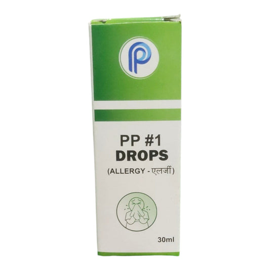 A 30ml box of PP #1 Allergy Drops, featuring a green and white design with a blue 'P' logo at the top and a line drawing of a person sneezing at the bottom.