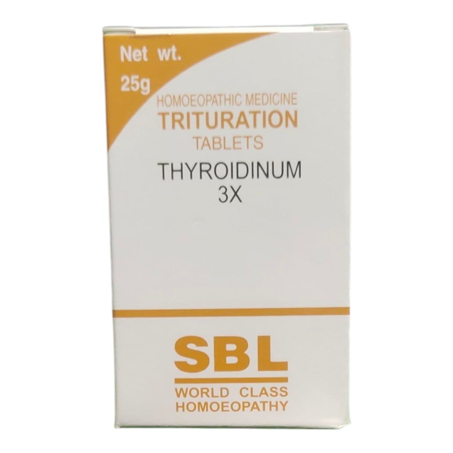 A white rectangular box of SBL Thyroidinum 3X Trituration Tablets, a 25g homoeopathic medicine. The packaging features orange and black text on a clean white background.