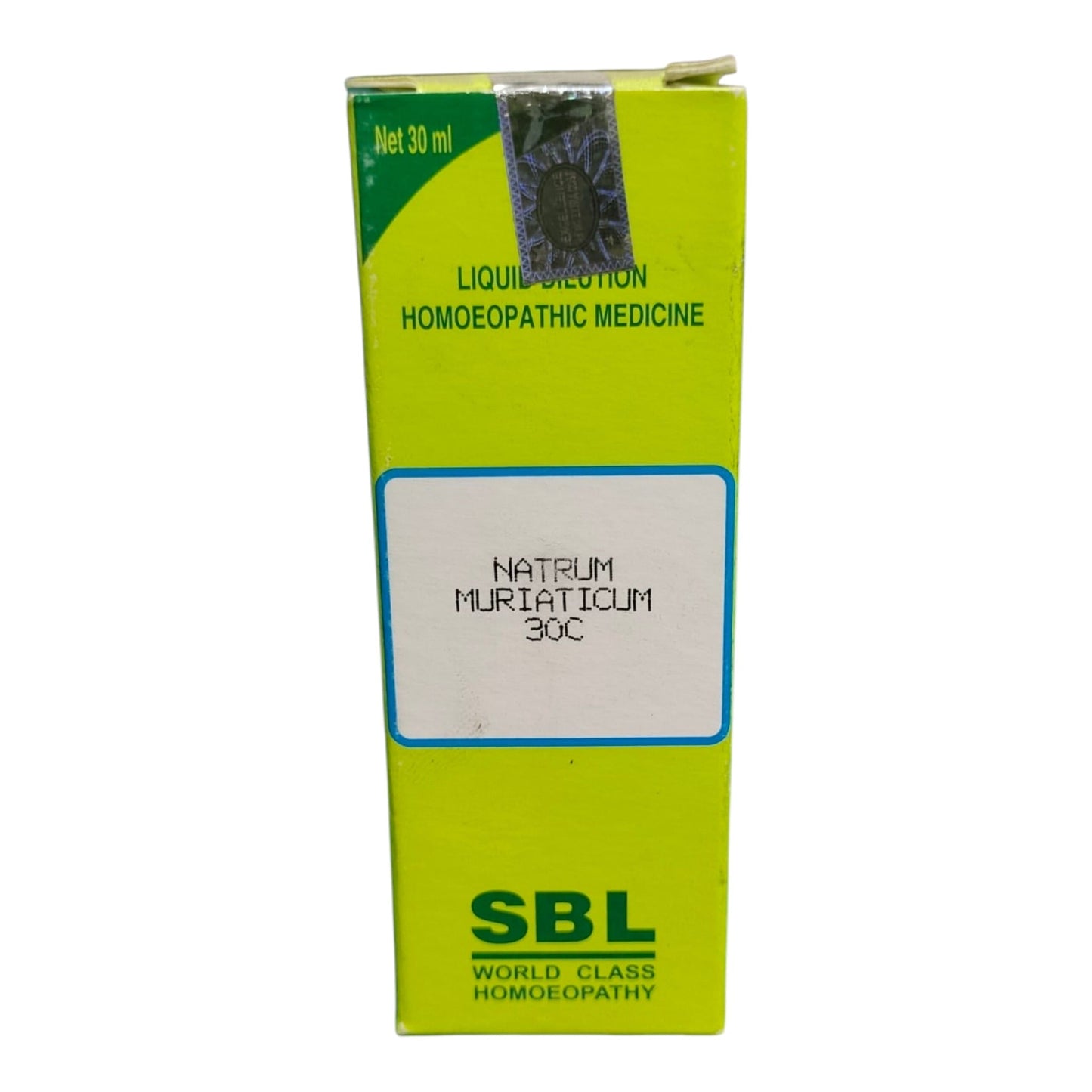 A tall lime green box of SBL World Class Homoeopathy Liquid Solution, Natrum Muriaticum 30C, on a plain white background.