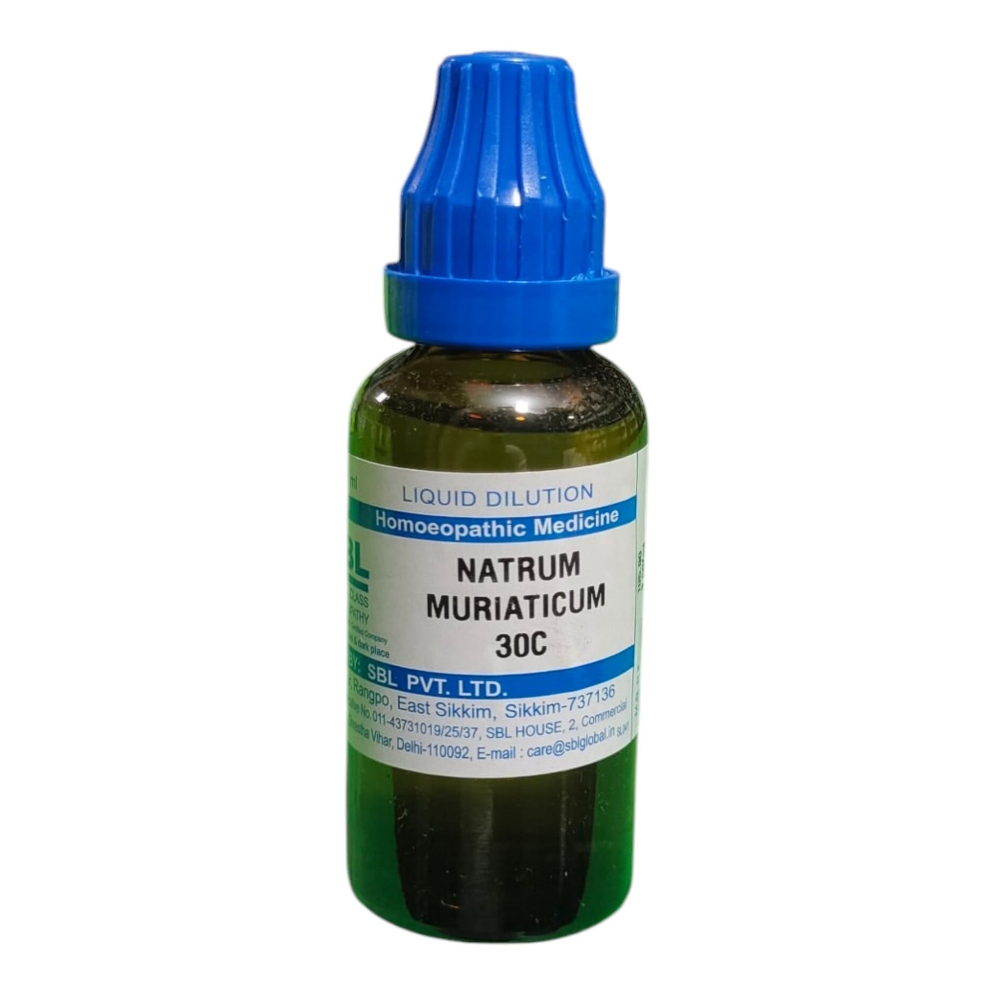 A small amber glass dropper bottle of Natrum Muriaticum 30C homeopathic medicine with a blue cap and a white label, shown on a plain white background.