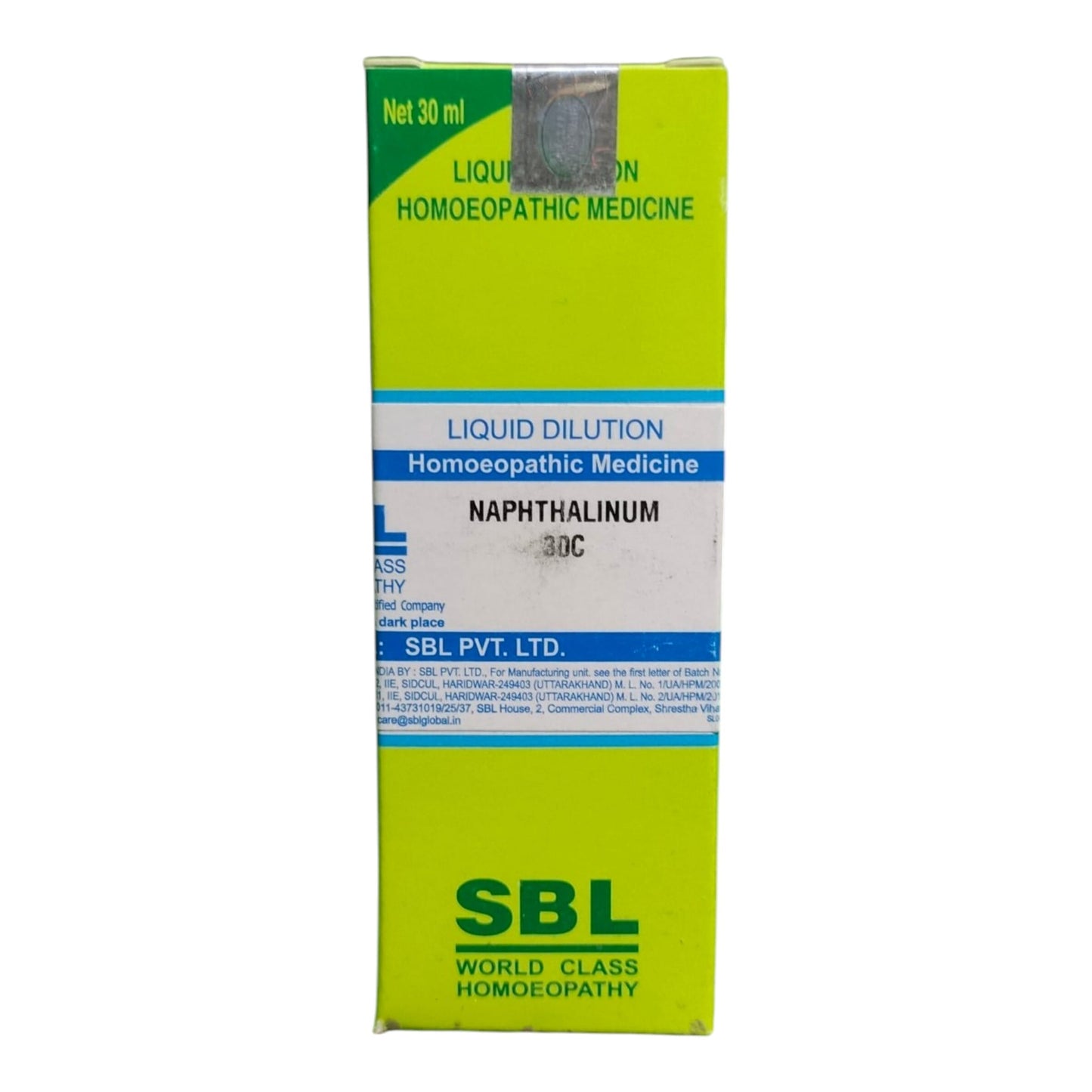 A box of SBL World Class Homoeopathy Liquid Dilution Naphthalinum 30C, featuring a bright lime green and white design with blue accents.