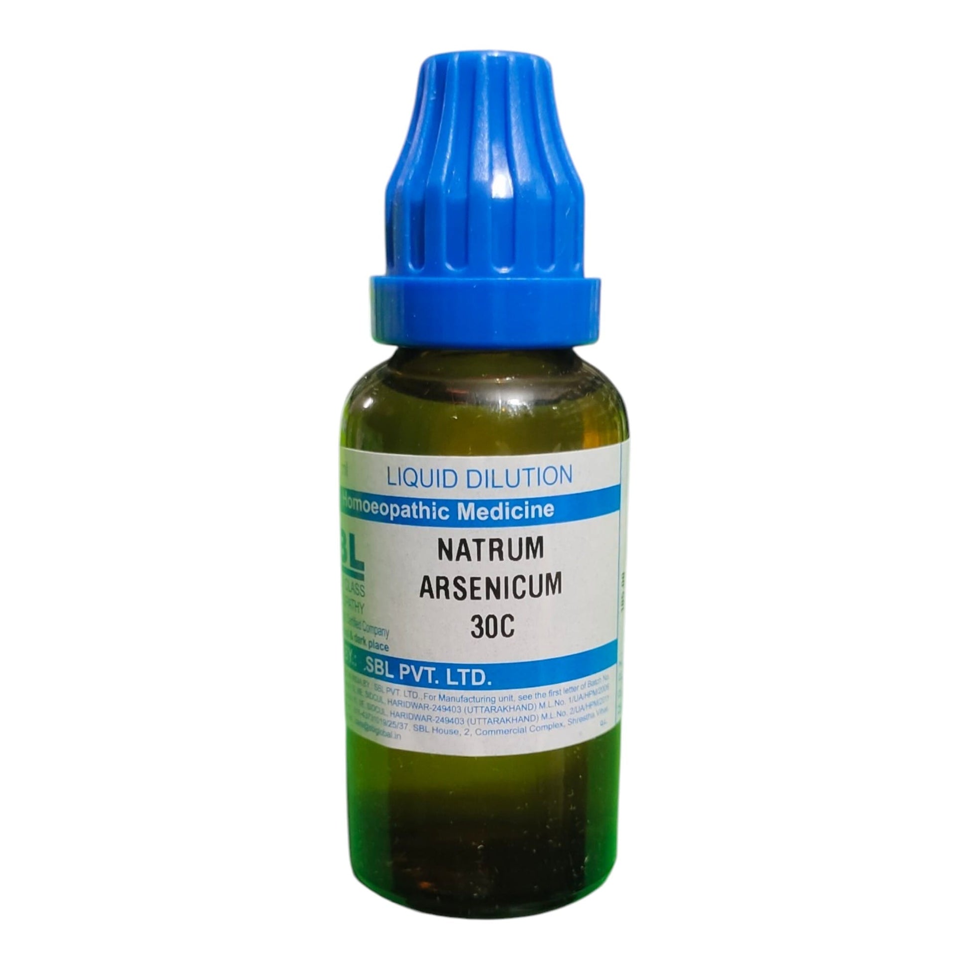 A small amber glass dropper bottle of Natrum Arsenicum 30C liquid dilutionopathic medicine with a blue cap and white label, on a white background.
