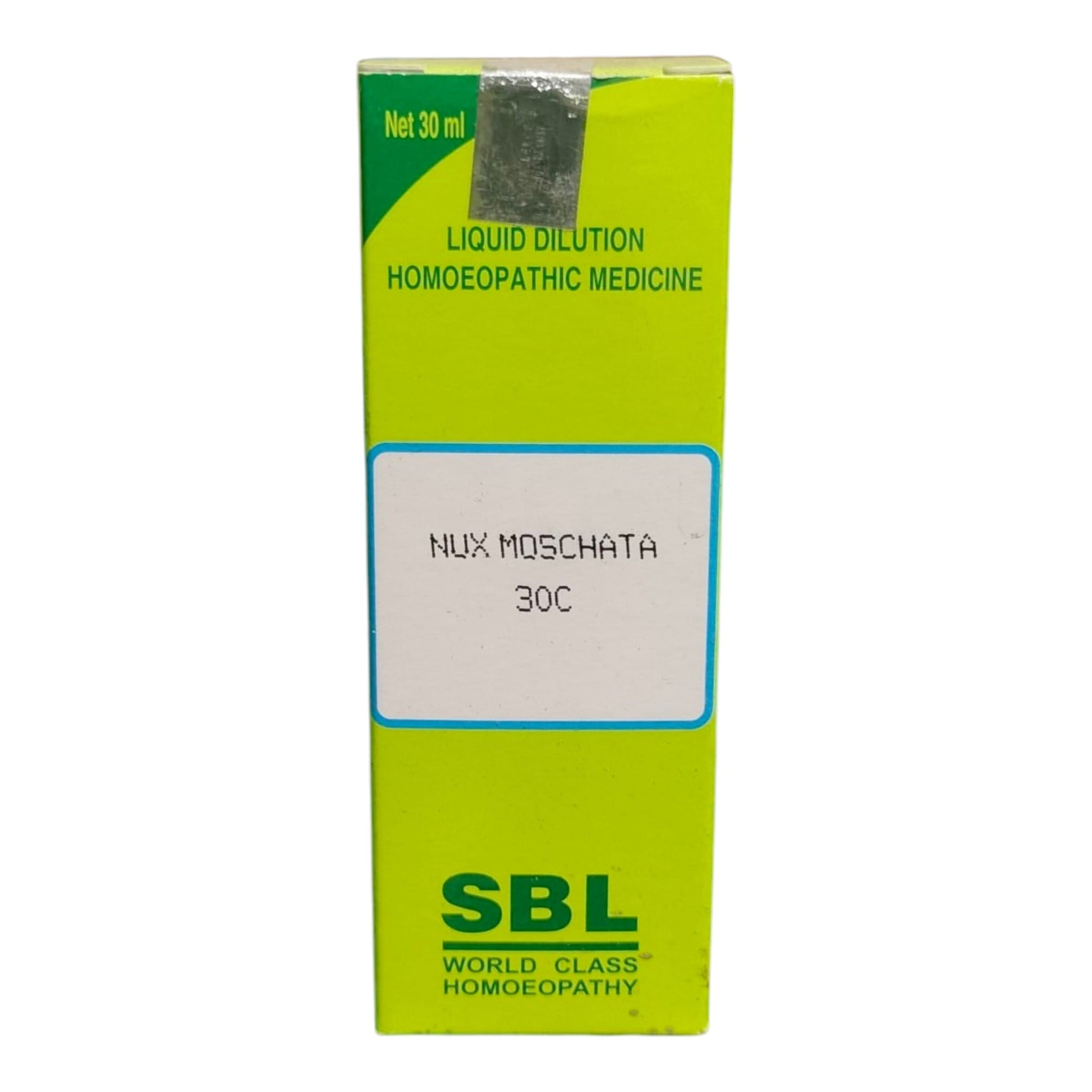 A box of SBL Liquid Dilution Homoeopathic Medicine, Nux Moschata 30C, in a bright lime green color with a white label in the center.