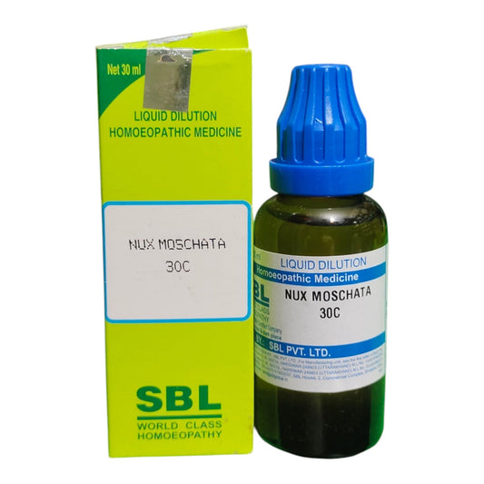 A bottle of SBL Liquid Dilution Homeopathic Medicine Nux Moschata 30C next to its lime green and white cardboard packaging box, on a plain white background.