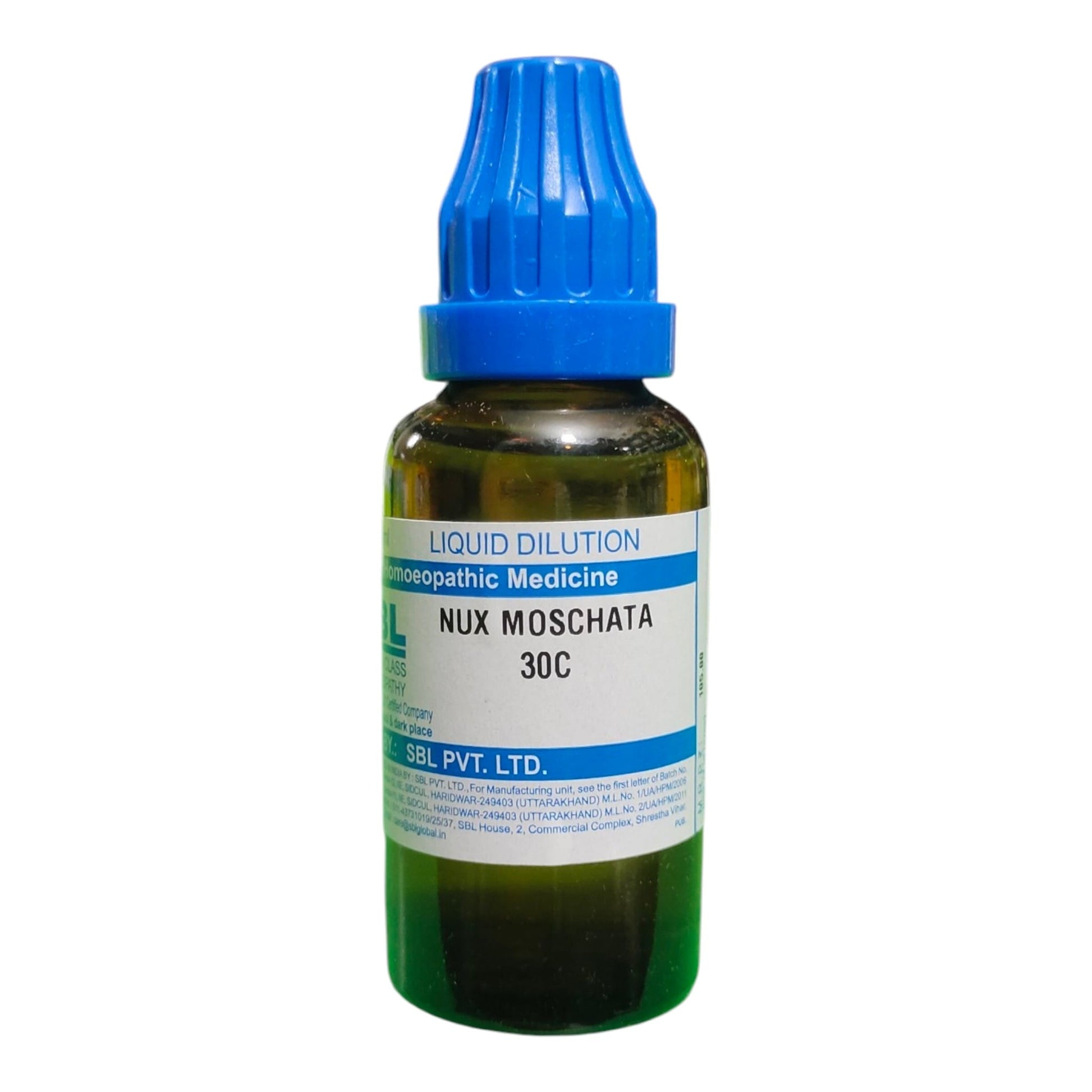 A small amber glass dropper bottle of Nux Moschata liquid dilutionopathic medicine with a blue cap and white label, on a plain white background.
