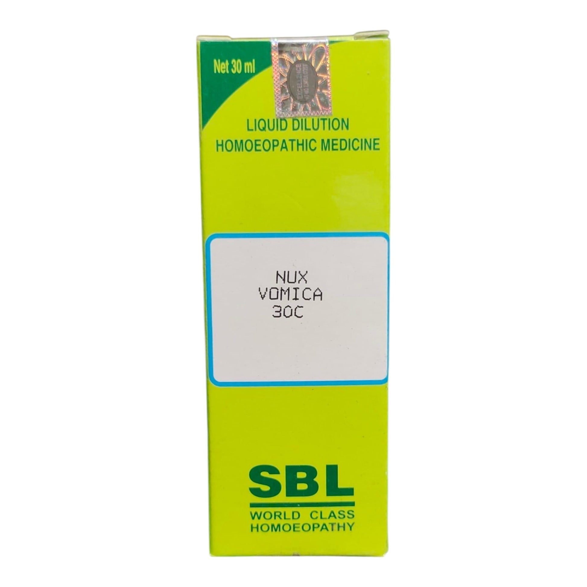 A 30 ml box of SBL Liquid Dilution Homoeopathic Medicine, Nux Vomica 30C, featuring a bright lime green and white design with dark green text.