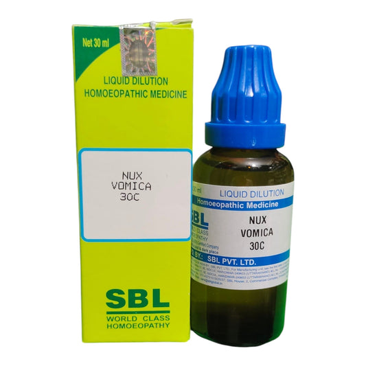 SBL World Class Homoeopathy Liquid Dilution Nux Vomica 30C medicine bottle with a blue dropper cap next to its lime green and white cardboard packaging box.