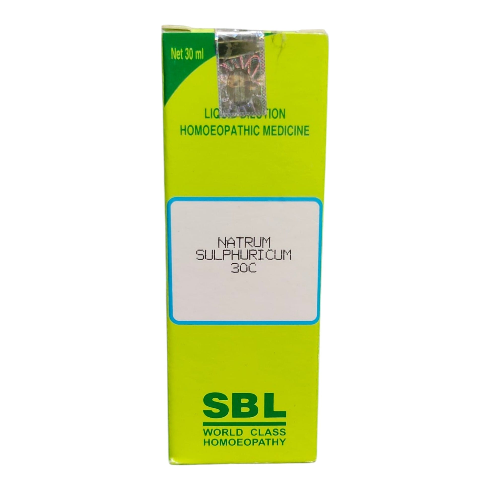 A bright lime green box of SBL Natrum Sulphuricum 30C homeopathic medicine, featuring a white label in the center and green text, set against a plain white background.