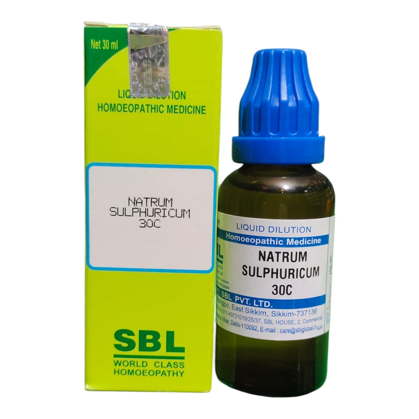 A bottle of SBL Liquid Dilution Natrum Sulphuricum 30C homeopathic medicine next to its lime green and white packaging box, on a plain white background.