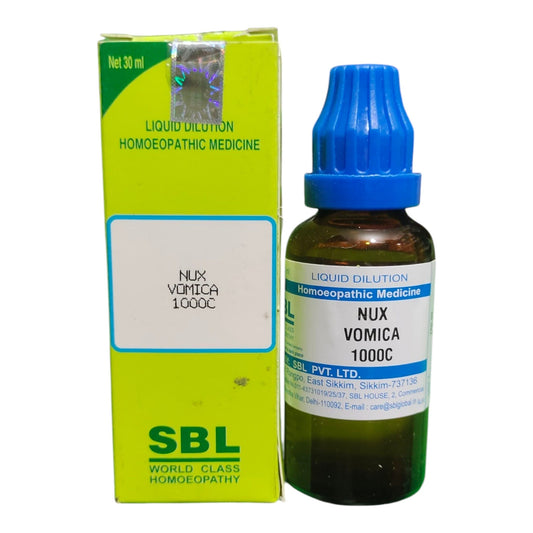 SBL Nux Vomica 1000C liquid dilution homeopathic medicine shown with its lime green box and amber glass dropper bottle with a blue cap on a white background.