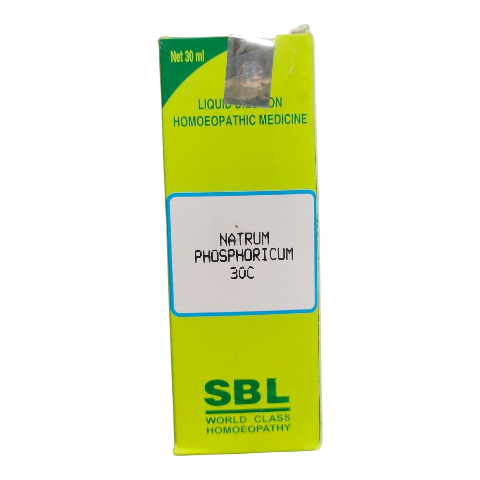 A 30 ml box of SBL Liquid Bismuth Homoeopathic Medicine, Natrum Phosphoricum 30C, featuring a bright lime green and yellow-green design with a white label in the center.