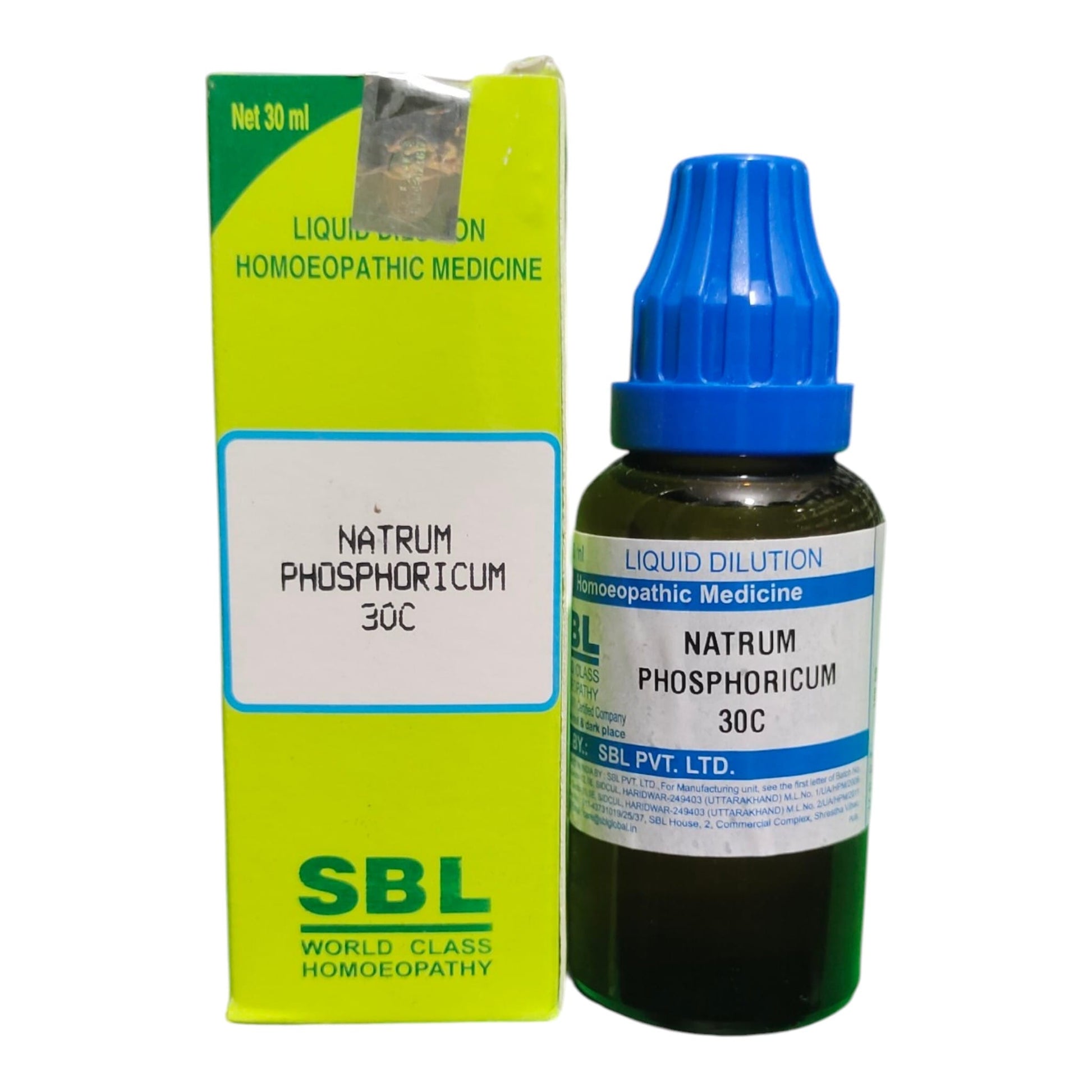 A bottle of SBL Liquid Dilution Homeopathic Medicine, Natrum Phosphoricum 30C, next to its lime green packaging box on a white background.
