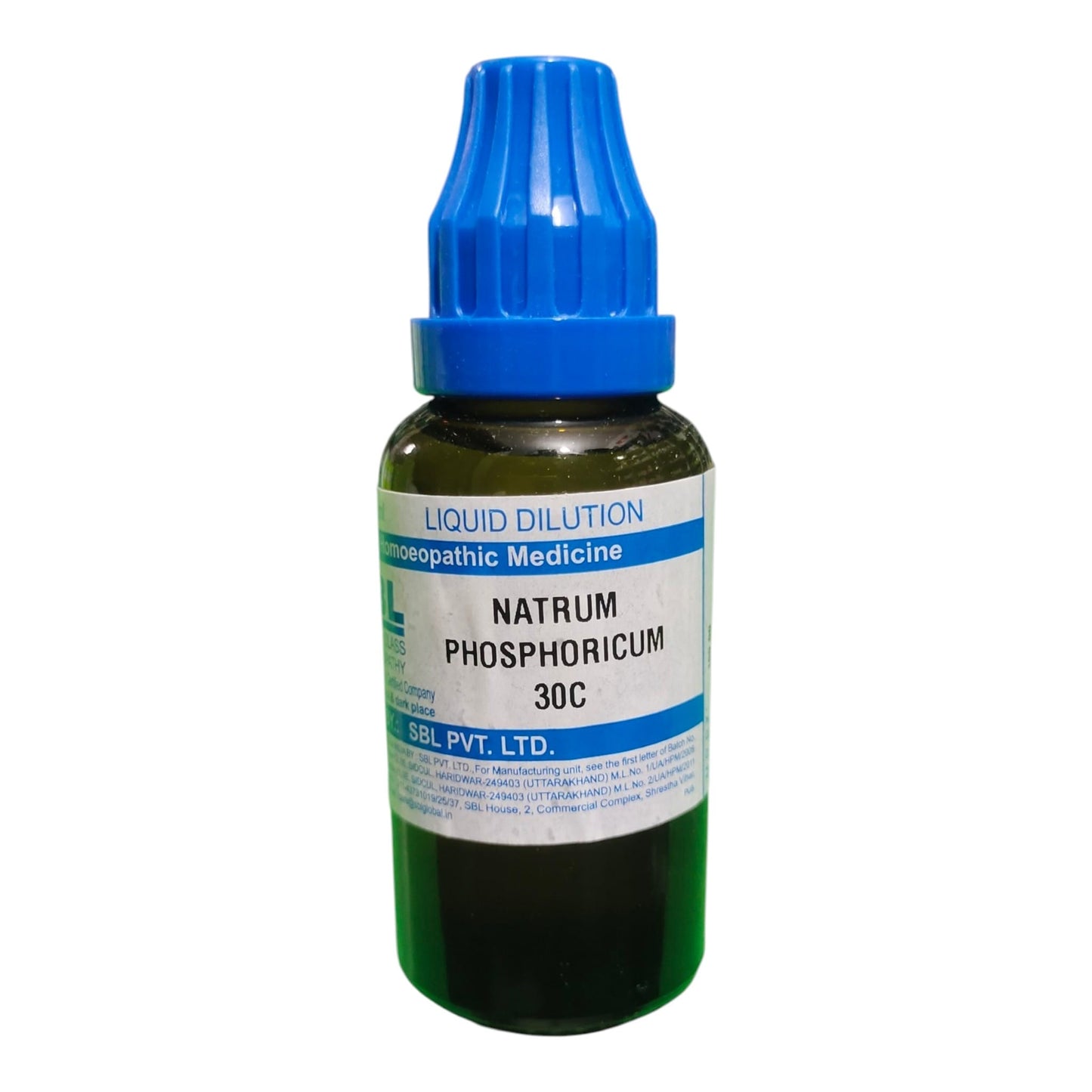 A bottle of homeopathic liquid dilution labeled 'NATRUM PHOSPHORICUM 30C' with a blue dropper cap and white label on a plain white background.