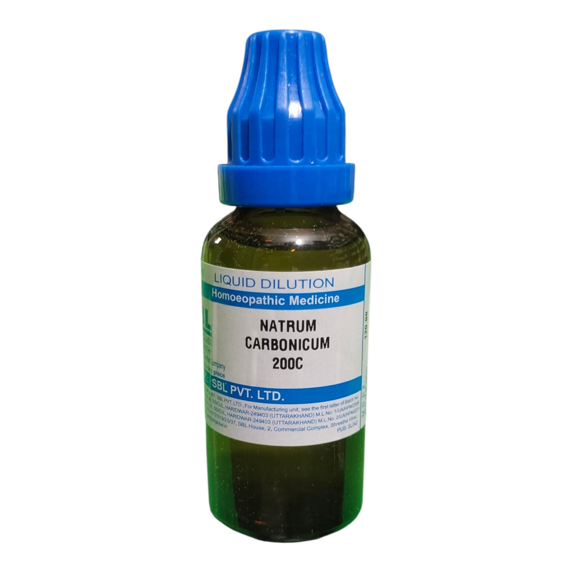 A small amber glass bottle of Natrum Carbonicum 200C homeopathic medicine with a blue dropper cap and a white label, shown on a plain white background.