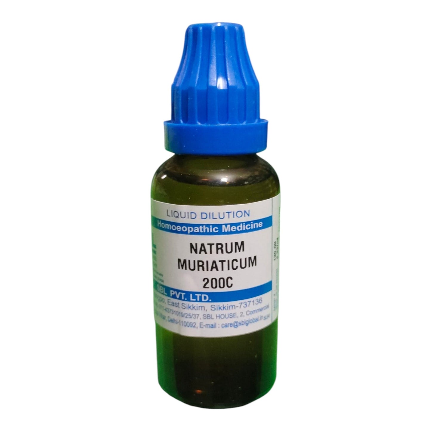 A small amber glass dropper bottle of homeopathic medicine labeled 'Natrum Muriaticum 200C' with a blue cap, on a plain white background.