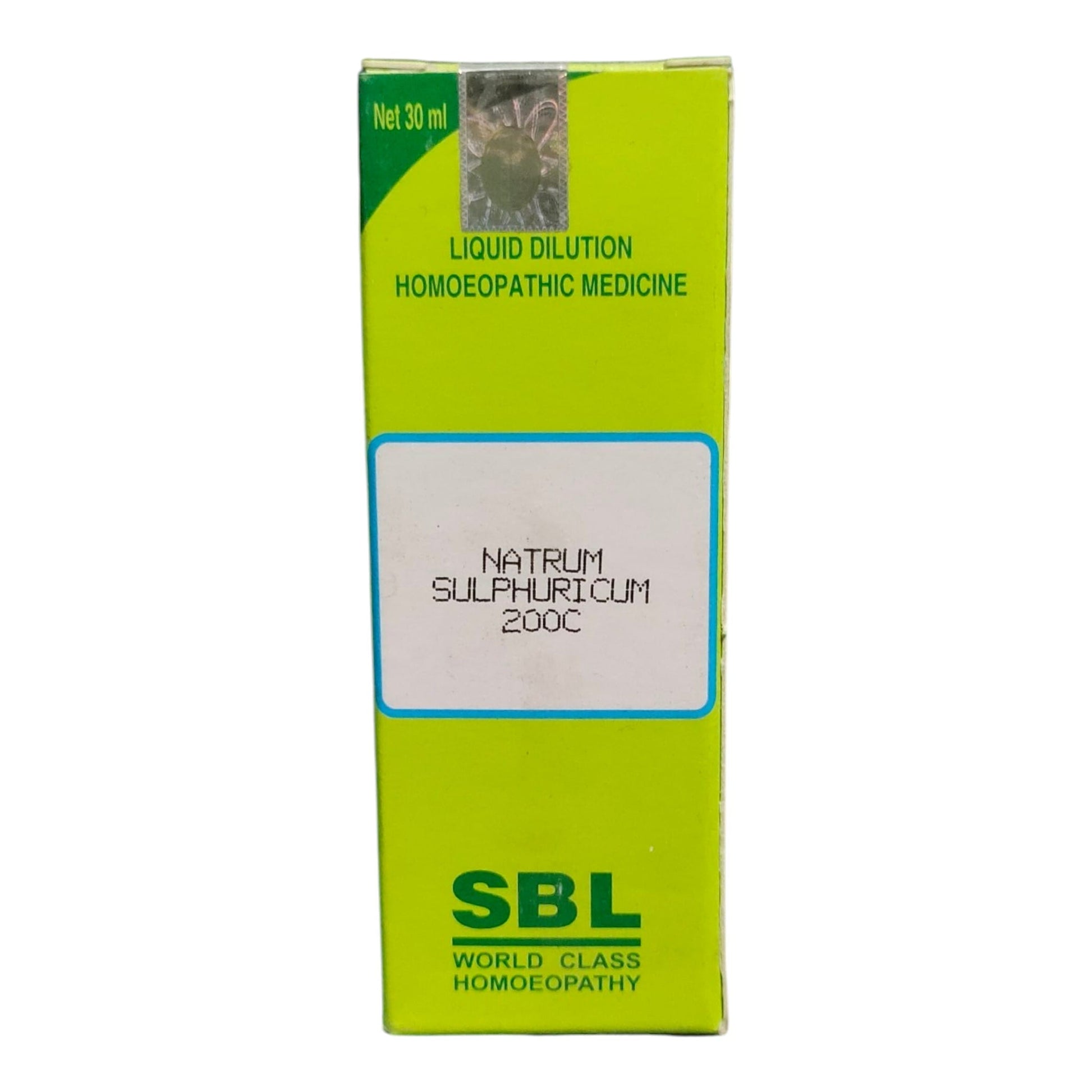 A 30 ml box of SBL Natrum Sulphricum 200C liquid dilution homeopathic medicine, featuring a bright lime green packaging with a white label in the center.