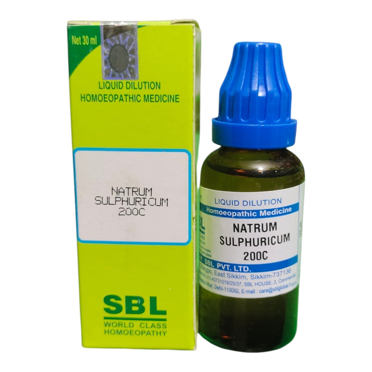 A bottle of SBL Liquid Dilution Homeopathic Medicine, Natrum Sulphuricum 200C, next to its lime green and white packaging box on a white background.