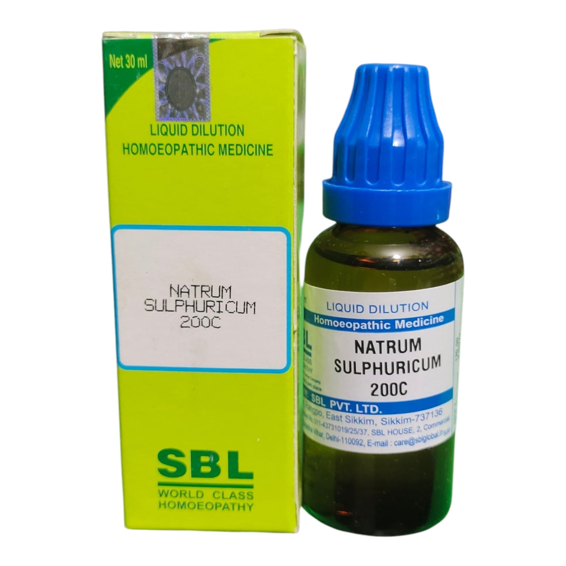 A bottle of SBL Liquid Dilution Homeopathic Medicine, Natrum Sulphuricum 200C, next to its lime green and white packaging box on a white background.