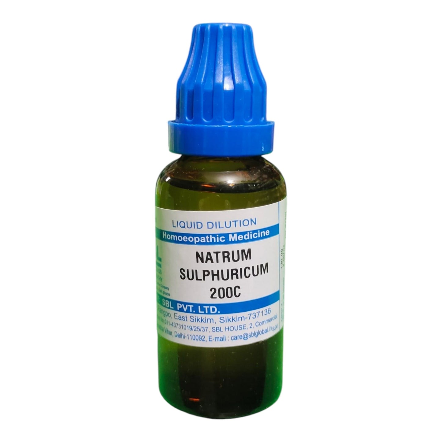 A small amber glass dropper bottle of Natrum Sulphuricum 200C homeopathic medicine with a blue cap and a white label, shown on a plain white background.