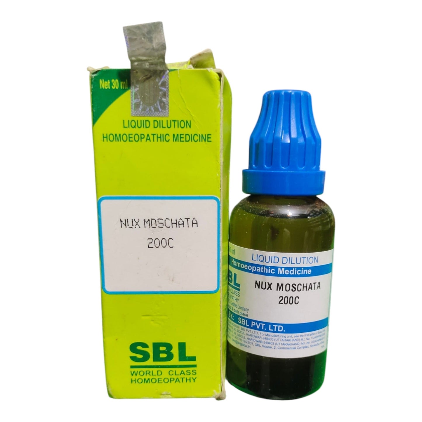 A bottle of SBL Liquid Dilution Nux Moschata 200C homeopathic medicine next to its lime green cardboard box, on a white background.