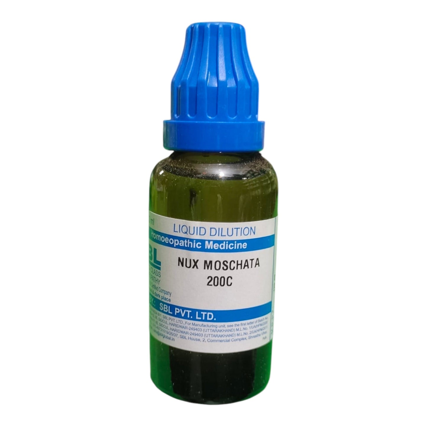 A bottle of Nux Moschata 200C liquid dilution homeopathic medicine by Gel Pvt. Ltd.