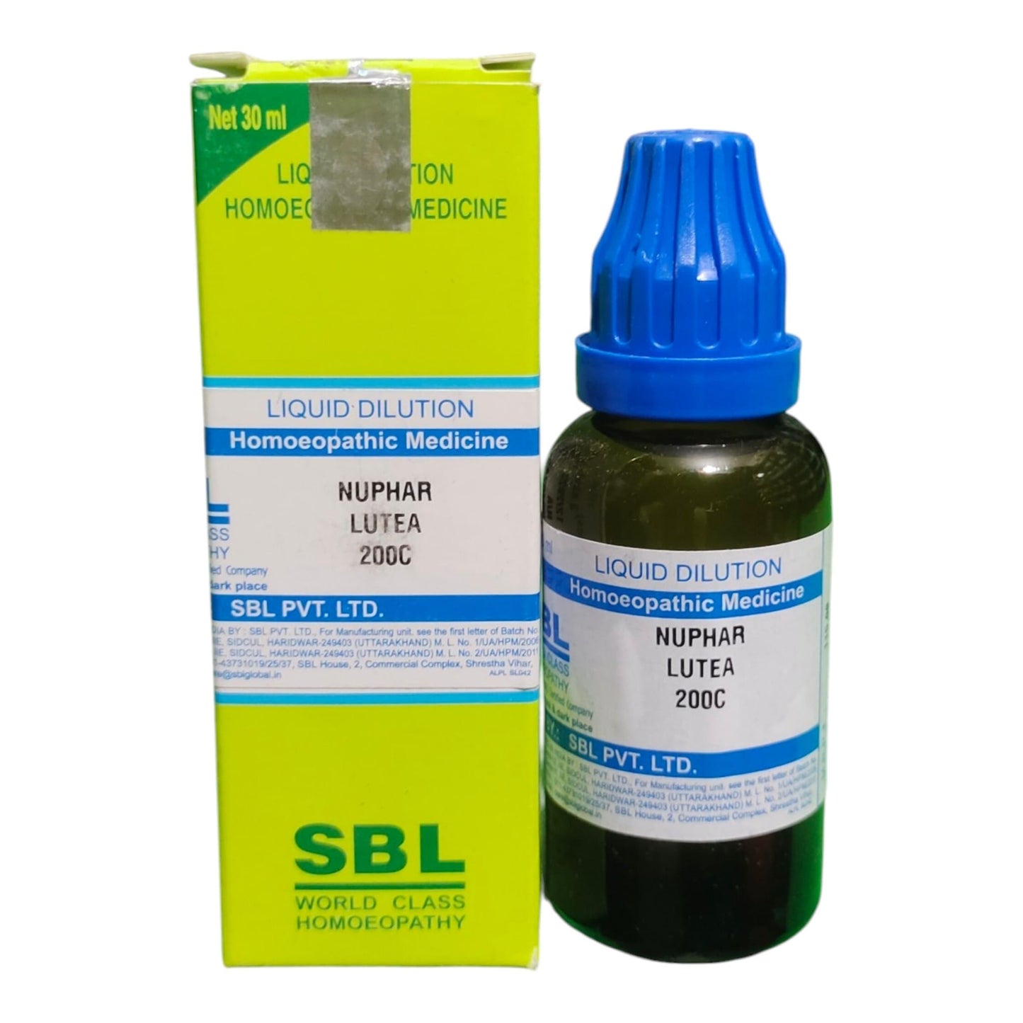 A bottle of SBL Liquid Dilution Homeopathic Medicine (Nuphar Lutea 200C) with a blue dropper cap next to its lime green and white packaging box.