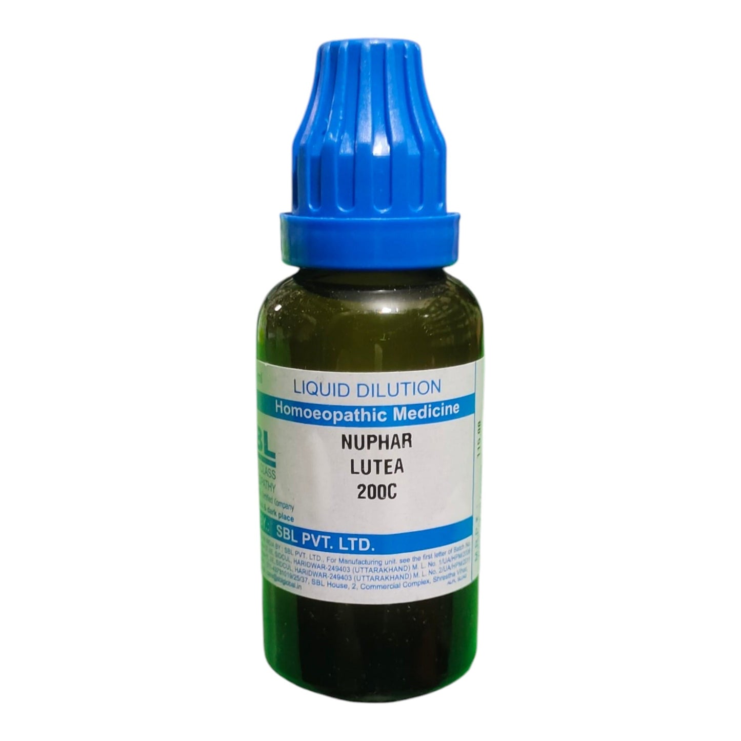 A bottle of Nuphar Lutea liquid dilution homeopathic medicine by GBL PVT. LTD.