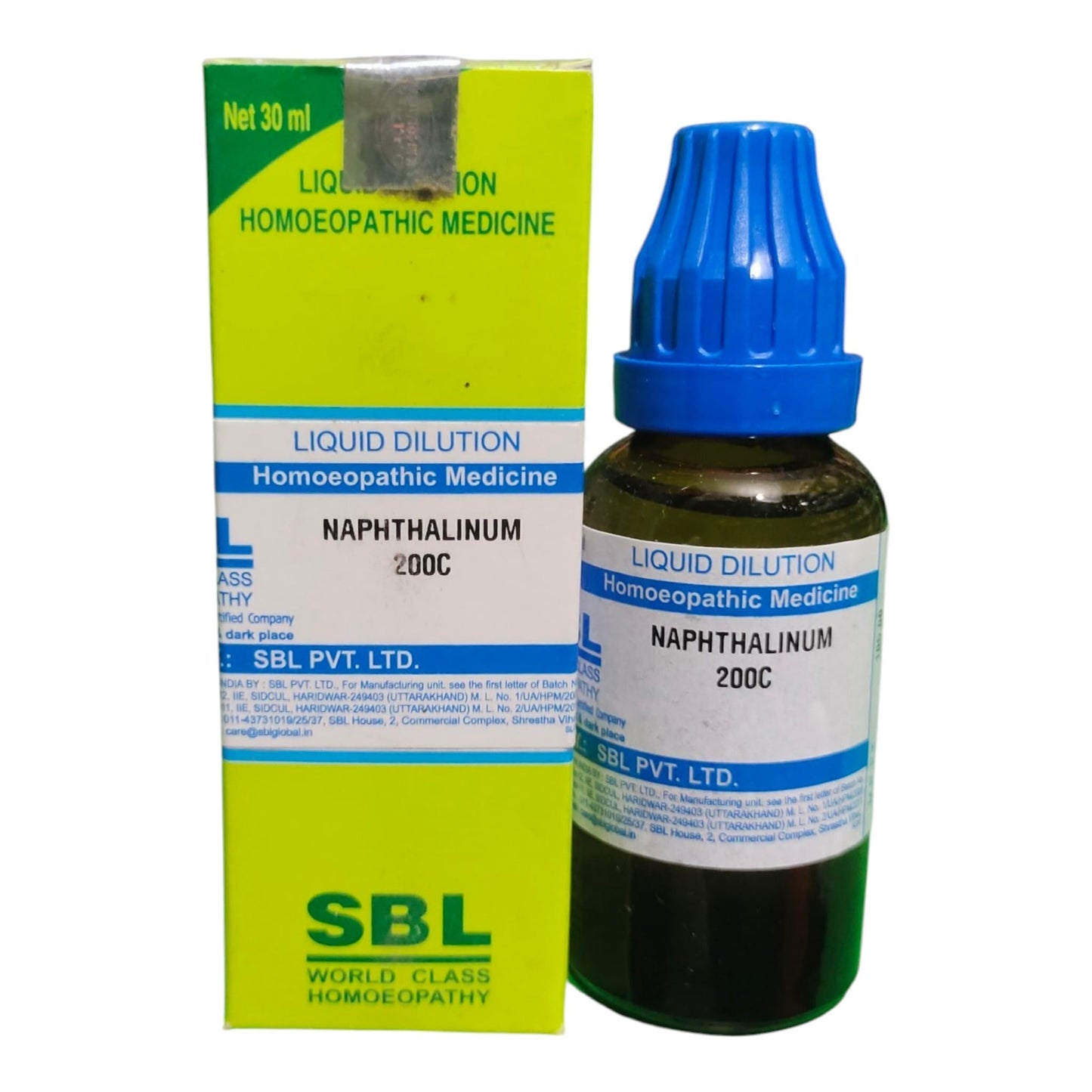 A bottle of SBL World Class Homeopathy Naphthalinum 200C liquid medicine next to its lime green and white packaging box, on a plain white background.
