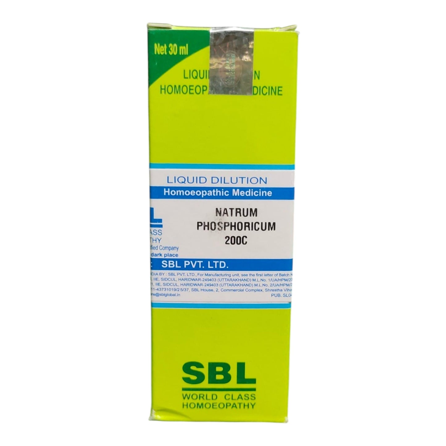 A tall rectangular box of SBL World Class Homoeopathy Liquid Dilution Natrum Phosphoricum 200C, featuring a bright lime green and white design with blue accents.