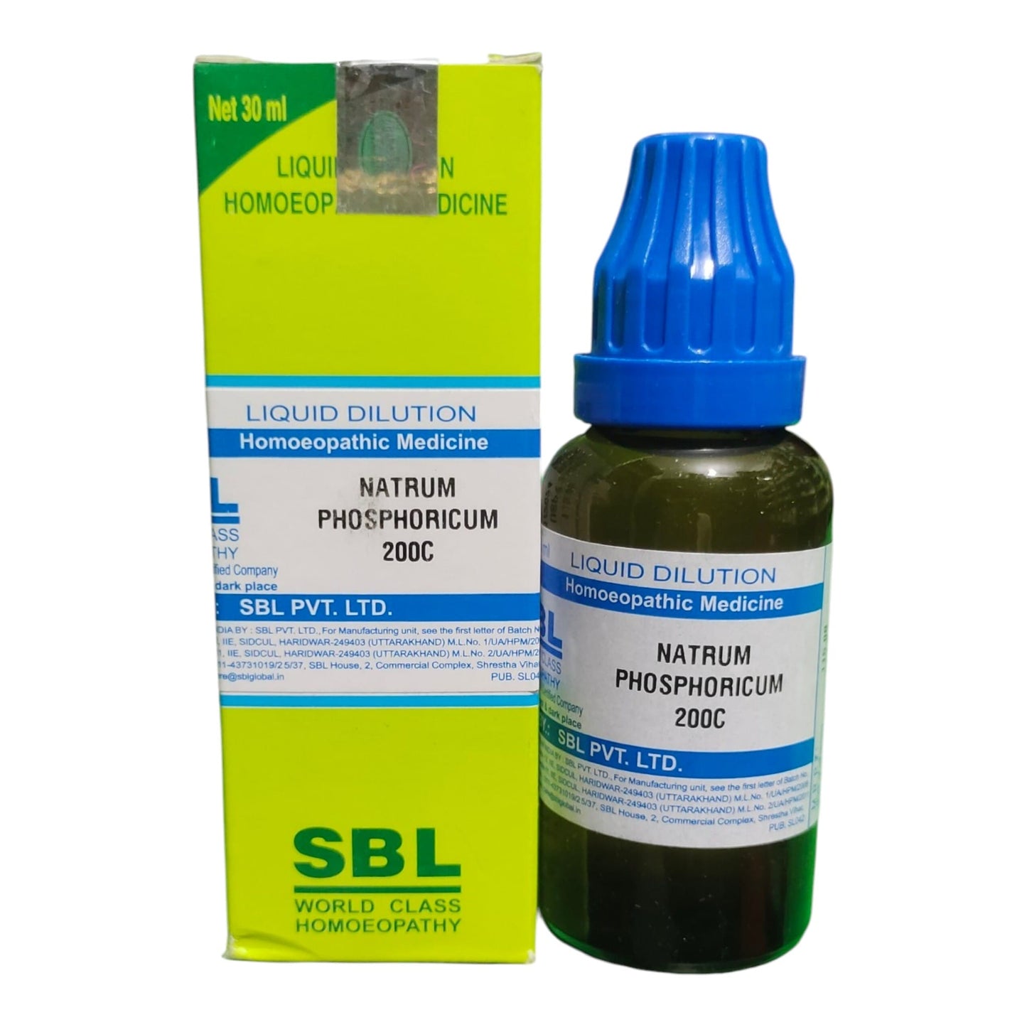 A bottle of SBL Liquid Dilution Natrum Phosphoricum 200C homeopathic medicine next to its lime green and white packaging box, on a plain white background.