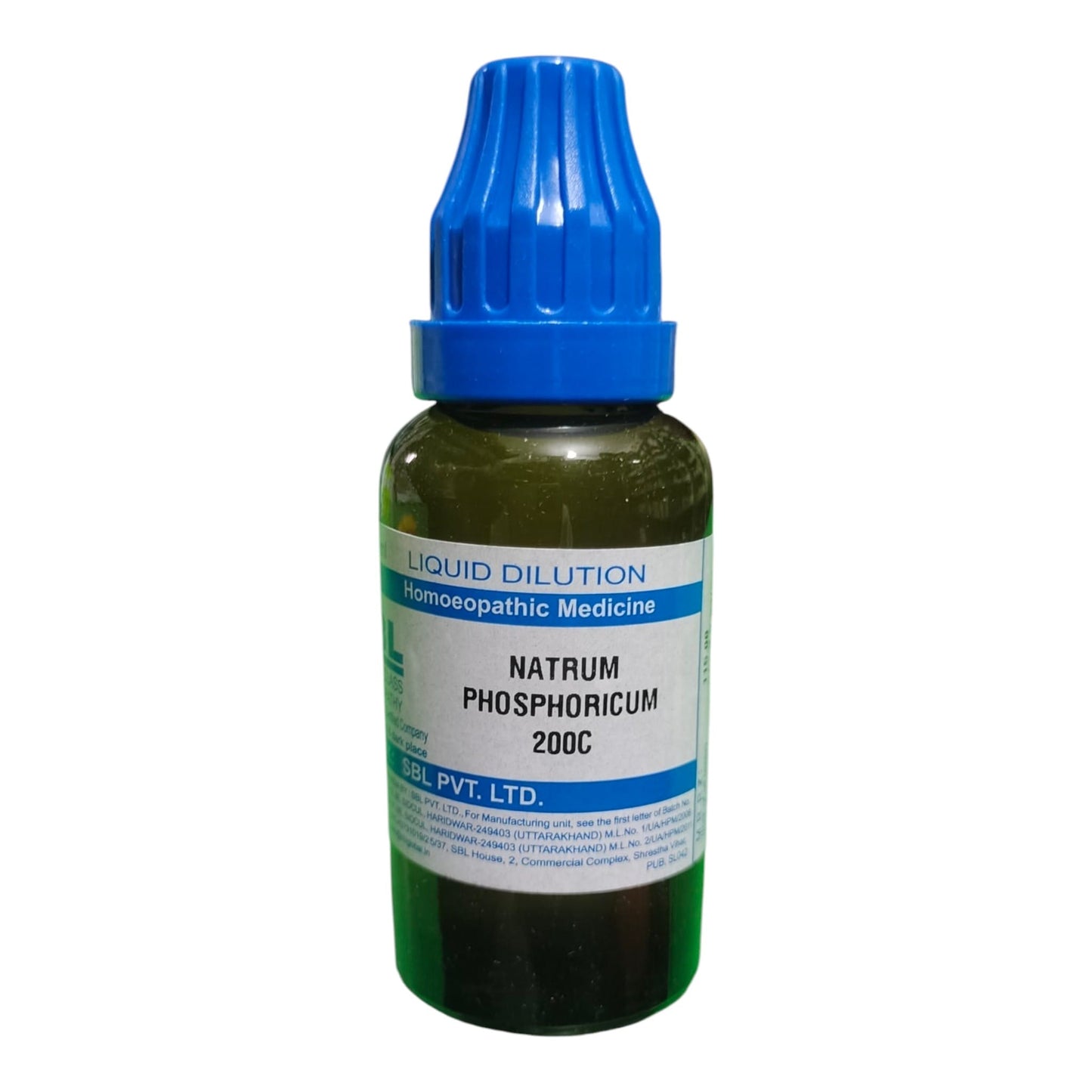A small bottle of Natrum Phosphoricum 200C liquid dilution homeopathic medicine by Gel Pvt. Ltd.