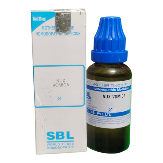 SBL Nux Vomica Mother Tincture homeopathic medicine shown with its white and blue retail box next to a dark amber glass dropper bottle with a blue cap.