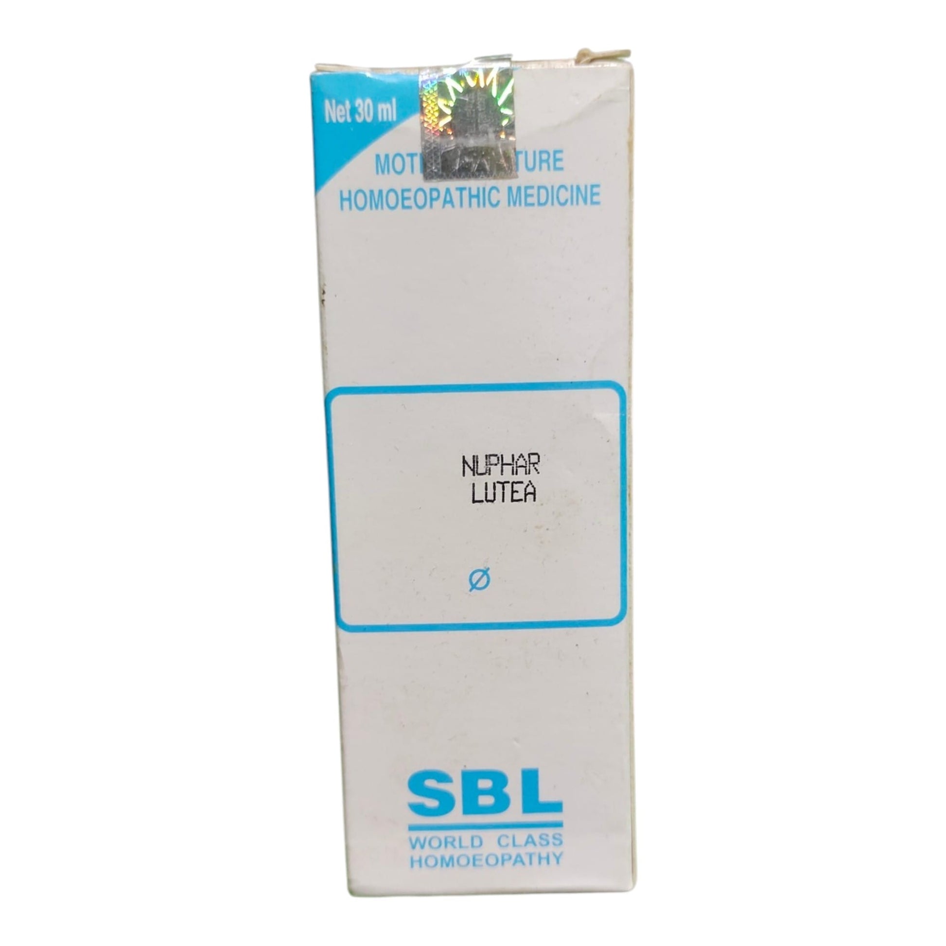 A white cardboard box of SBL Napher Lutea homeopathic medicine, featuring blue text and a blue border on the front label.