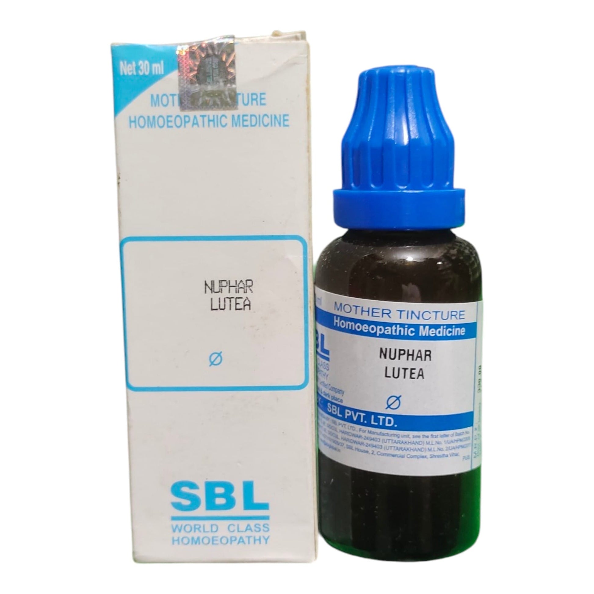 A bottle of SBL Mother Tincture Nuphar Lutea homeopathic medicine next to its white cardboard packaging box, shown on a plain white background.