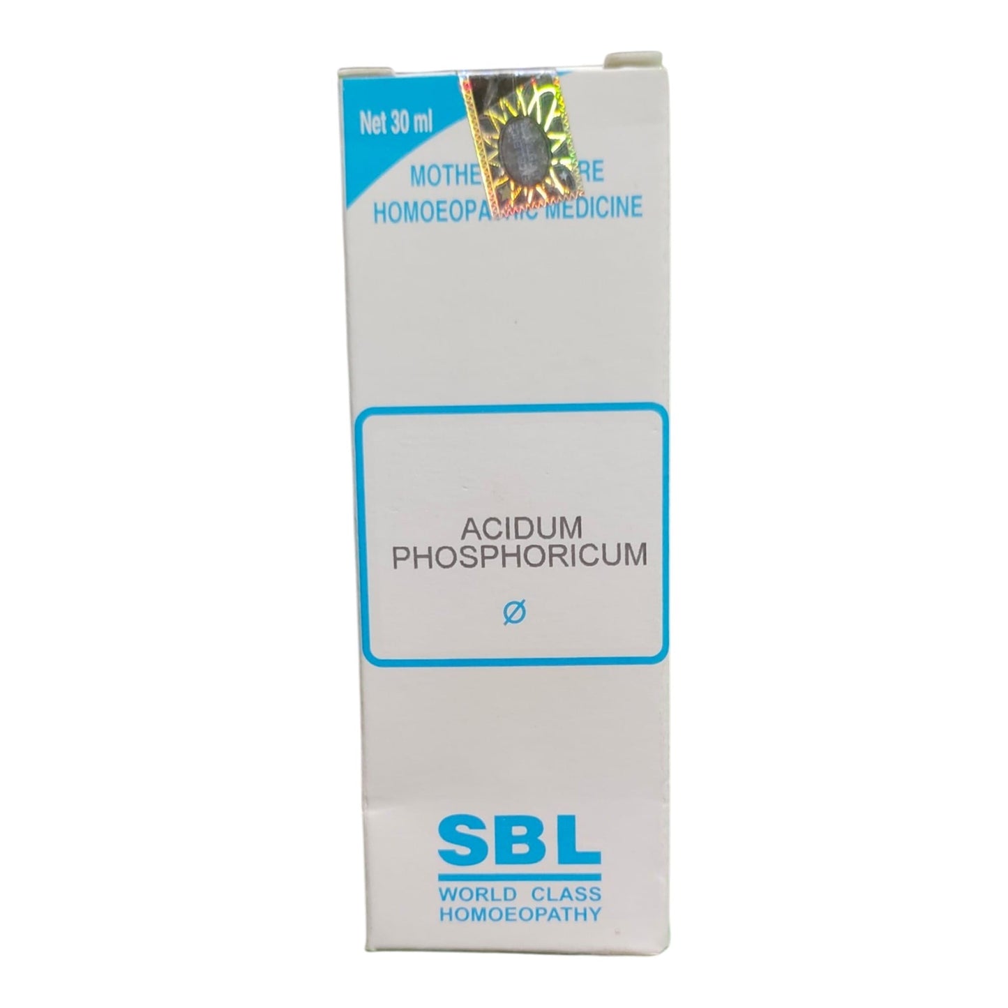 A white rectangular box of SBL World Class Homoeopathy Acidum Phosphoricum medicine, featuring blue text and border details on a white background.