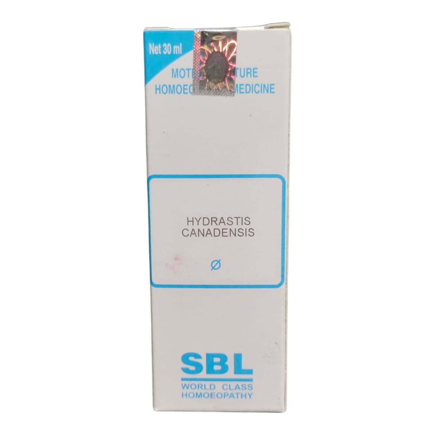 A white rectangular box of SBL World Class Homoeopathy Hydrastis Canadensis medicine, featuring blue text and border details on a white background.
