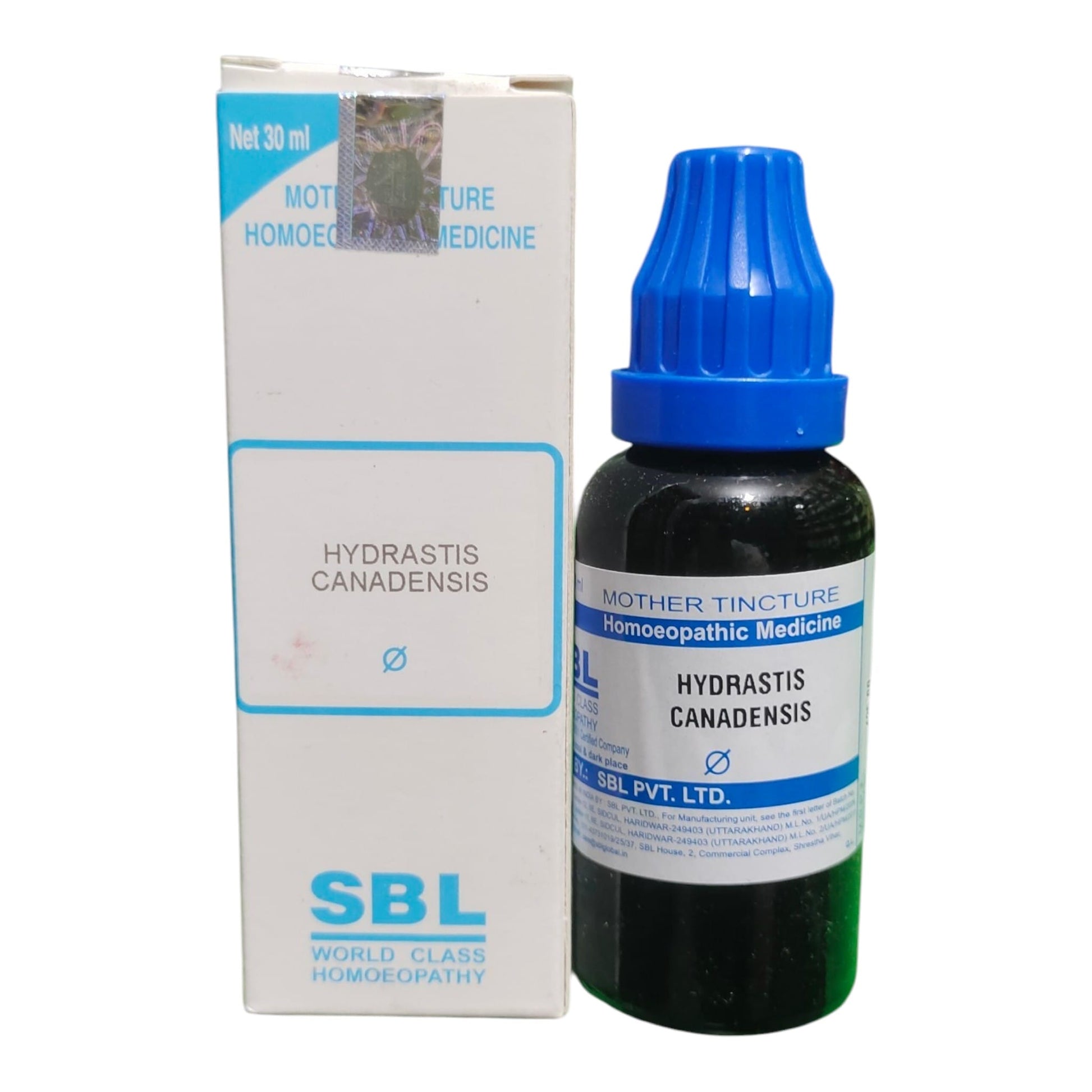 SBL World Class Homoeopathy Hydrastis Canadensis Mother Tincture 30ml bottle with a blue cap next to its white cardboard packaging box.