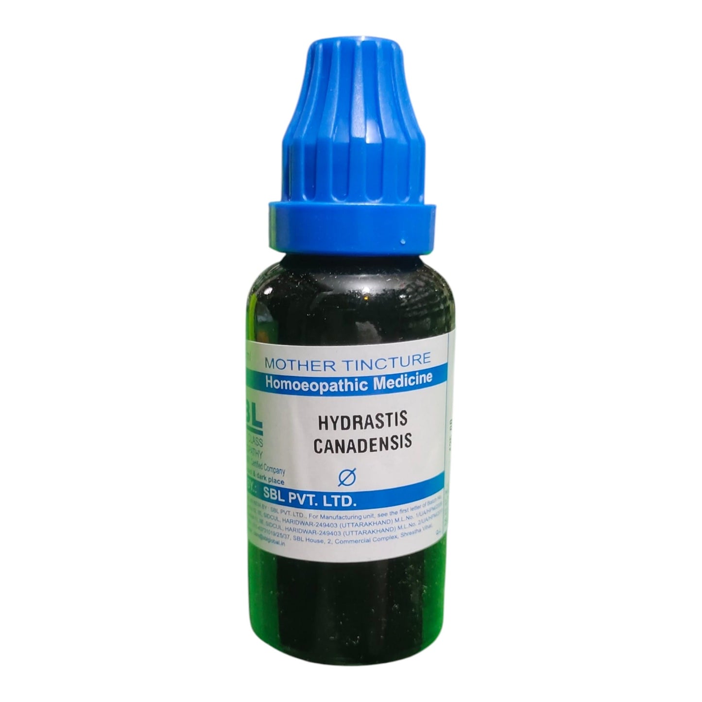 A dark green glass bottle of Mother Tincture Homeopathic Medicine by SBL PVT. LTD.
