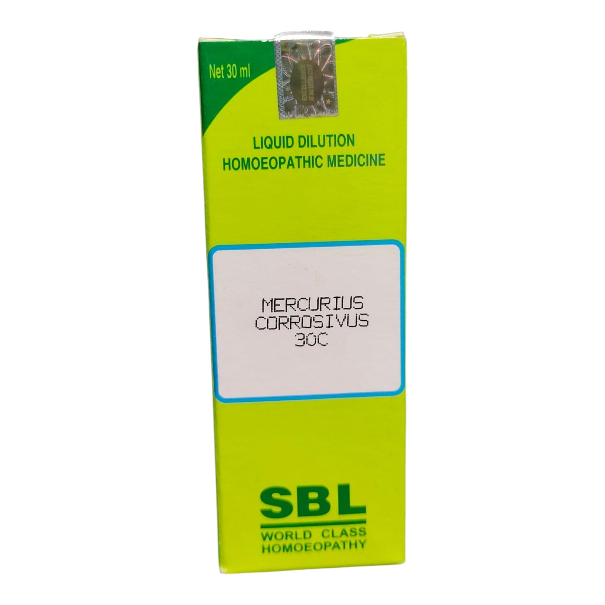 A green and white box of SBL World Class Homoeopathy Liquid Dilution Homoeopathic Medicine, Mercurius Corrosivus 30C, on a white background.