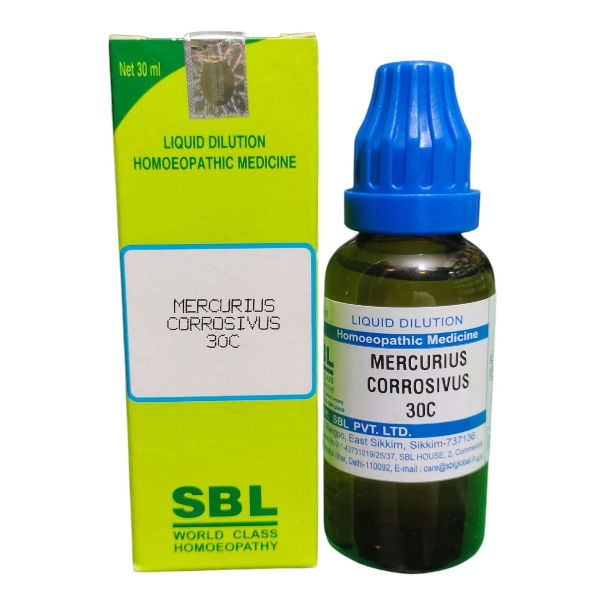 SBL World Class Homeopathy Mercurius Corrosivus 30C liquid dilution medicine shown with its green and white box and a dark glass dropper bottle with a blue cap.