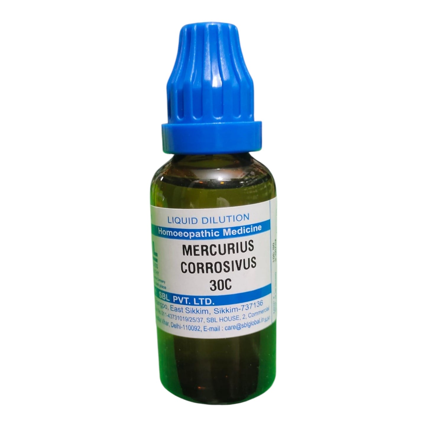 A small amber glass dropper bottle of Mercurius Corrosivus 30C liquid dilution homeopathic medicine by SRL PVT LTD, featuring a blue dropper cap and a white label.