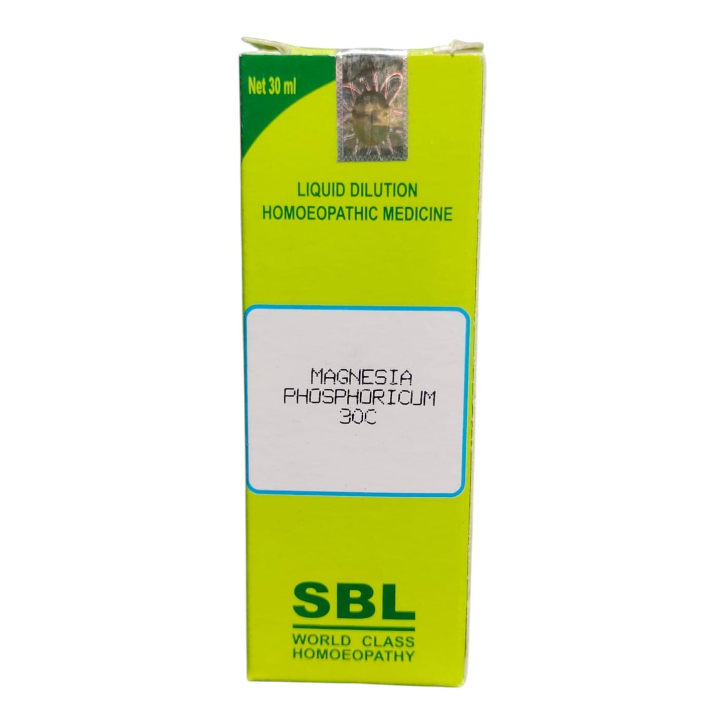 A green and yellow box of SBL Magnesia Phosphoricum 30C liquid dilution homeopathic medicine, shown on a plain white background.