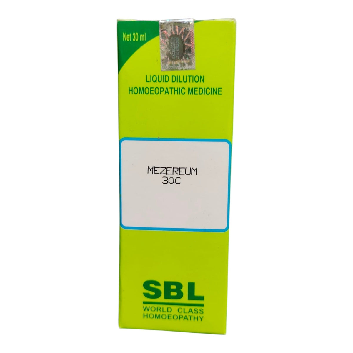 A tall rectangular box of SBL Mezereum 30C liquid dilution homeopathic medicine, featuring a bright lime green design with a white central label area and dark green text.