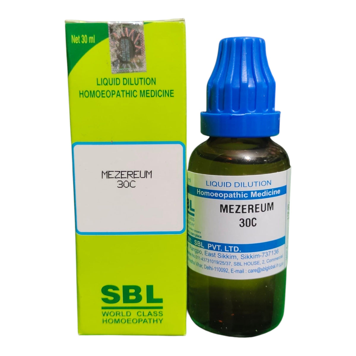 SBL World Class Homoeopathy Mezereum 30C liquid dilution homeopathic medicine shown with its green and white outer box and the amber glass dropper bottle with a blue cap.