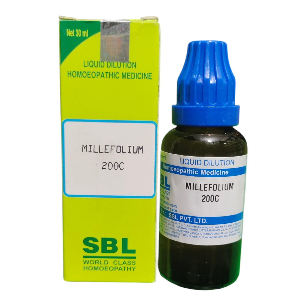 A bottle of SBL Homeopathic Medicine, Millefolium 200C, next to its lime green packaging box on a white background.
