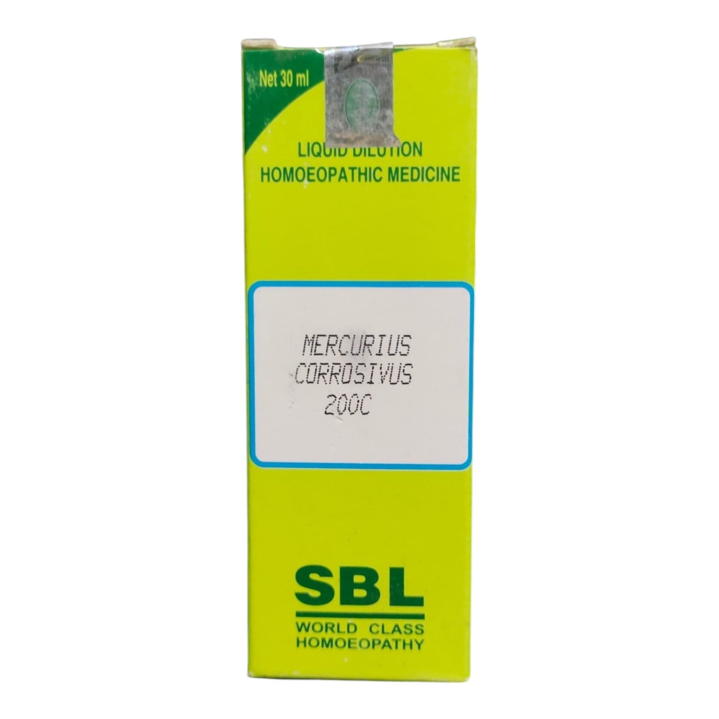 A 30 ml box of SBL Mercury Corrosivus 200C liquid dilution homeopathic medicine, featuring a bright lime green and yellow-green design with a white label in the center.