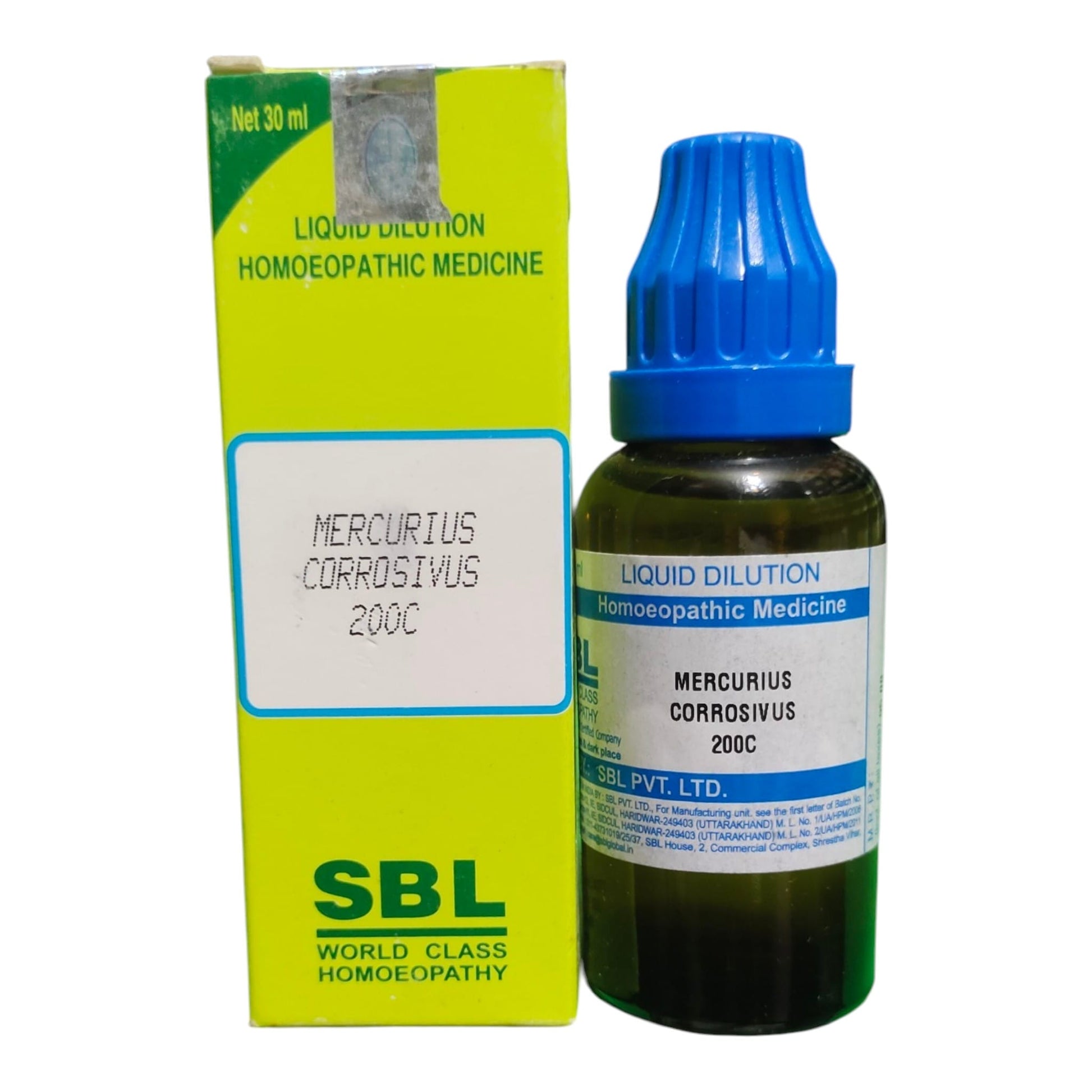 A bottle of SBL Liquid Dilution Homeopathic Medicine, Mercurius Corrosivus 200C, next to its lime green and white packaging box.