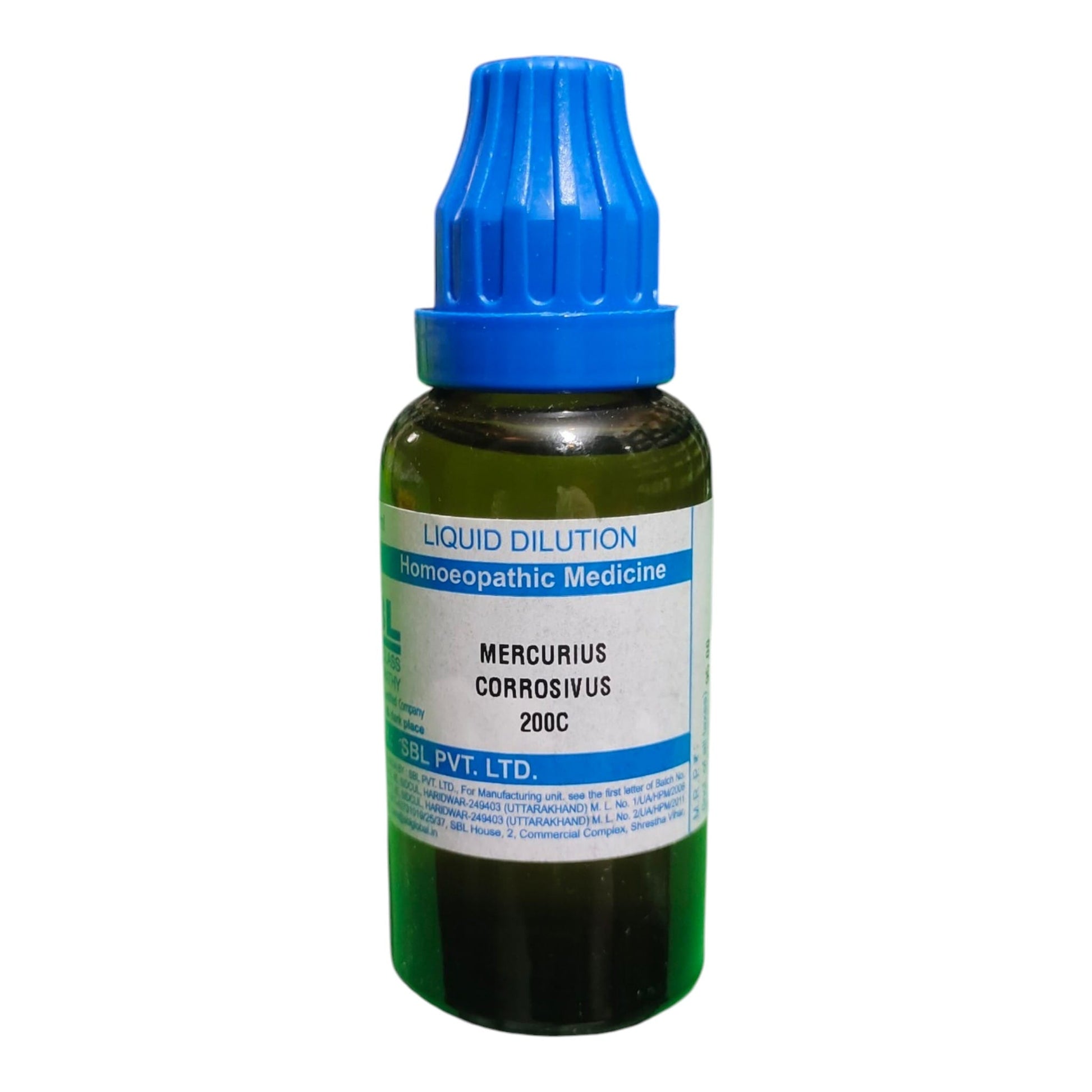A bottle of Liquid Dilution Homeopathic Medicine, Mercurius Corrosivus 200C, featuring a dark green glass bottle, white label, and a bright blue plastic dropper cap, shown on a plain white background.