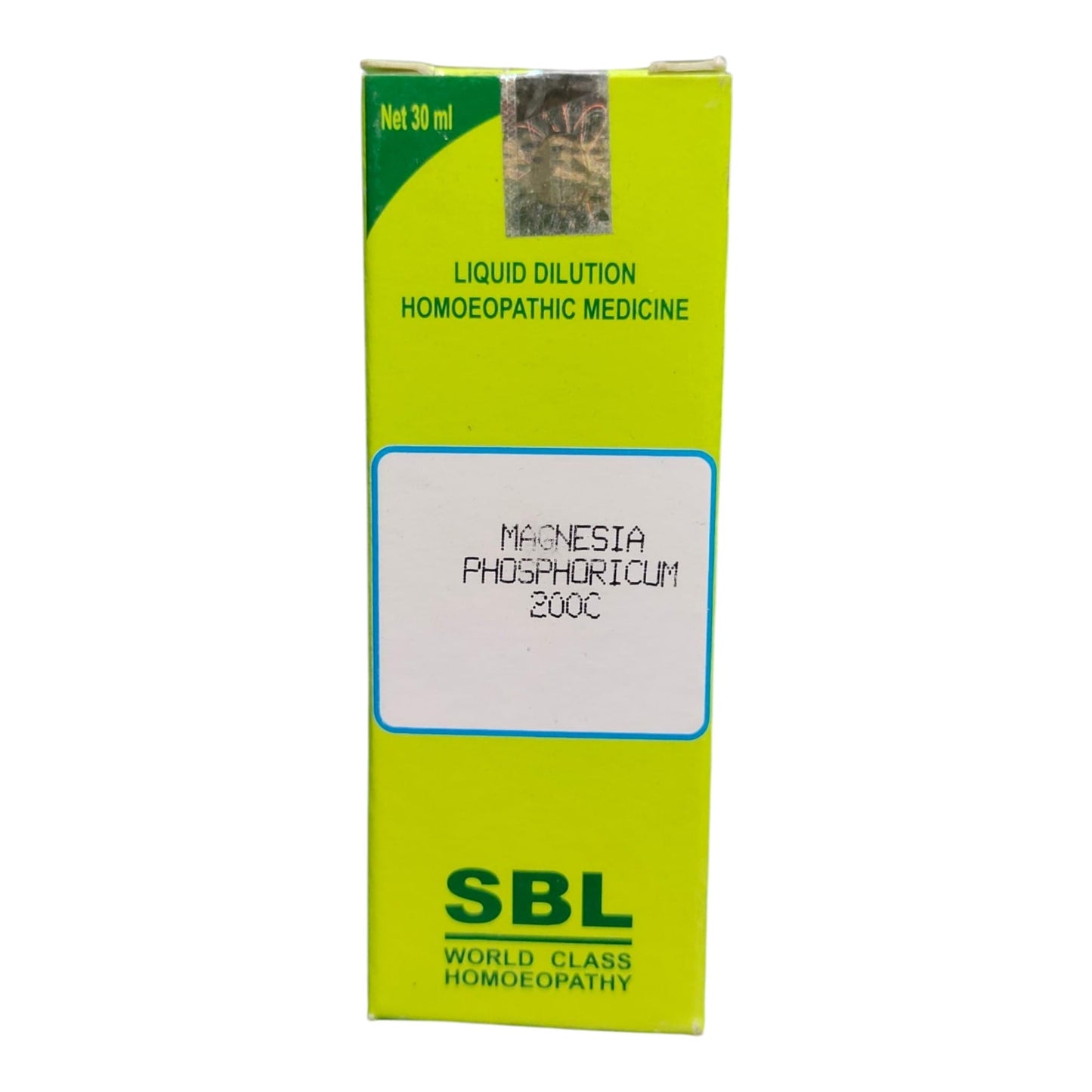 A box of SBL Magnesia Phosphoricum 200C liquid dilution homeopathic medicine, featuring a bright lime green and yellow-green design with a white label in the center.